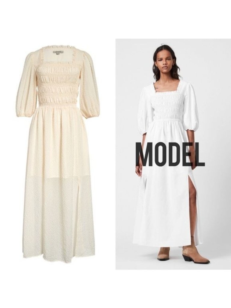 Nwt All Saints Livi Tex Maxi Dress 6 Off White Ruched Puff Sleeve Smocked Slit
